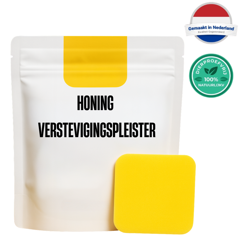 Honing Verstevigingspleister verpakking met gele pleister, voor een stralende, egale huidteint.