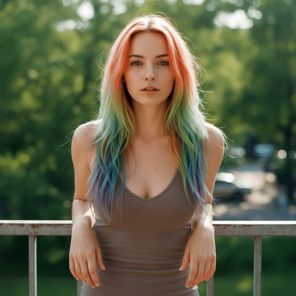 Snelle Verzachtende Crème gebruiker met kleurrijk haar, posing op een balkon in een groene omgeving.