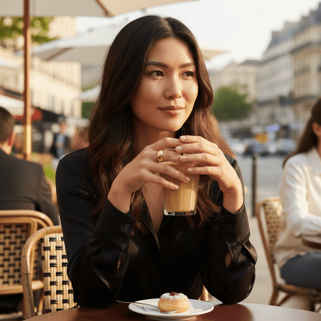 Vrouw met Oneindige Gebalanceerde Ring geniet van koffie en gebak op een terras.