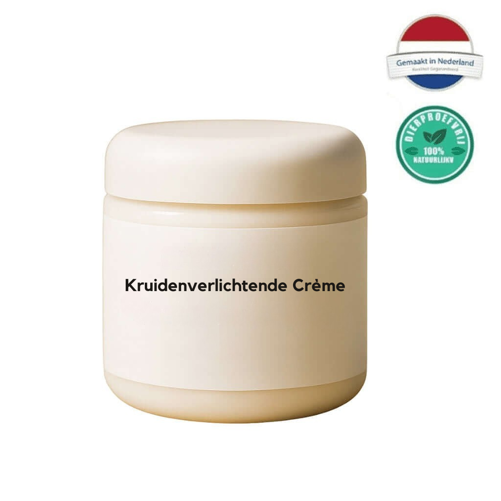 Kruidenverlichtende Crème in een moderne verpakking, ontworpen voor een verzorgde en verfijnde huid.