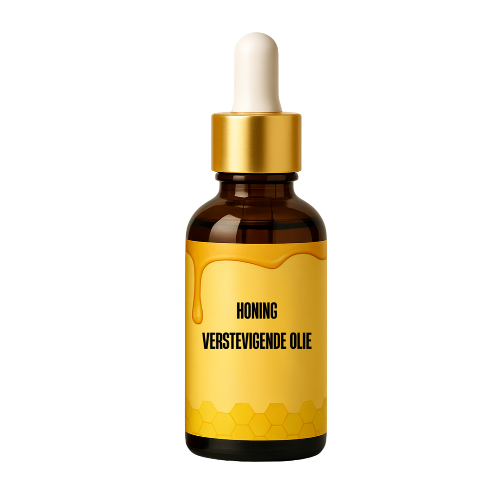 Honing Verstevigende Olie in een glazen flesje met pipet voor intensieve huidverzorging.