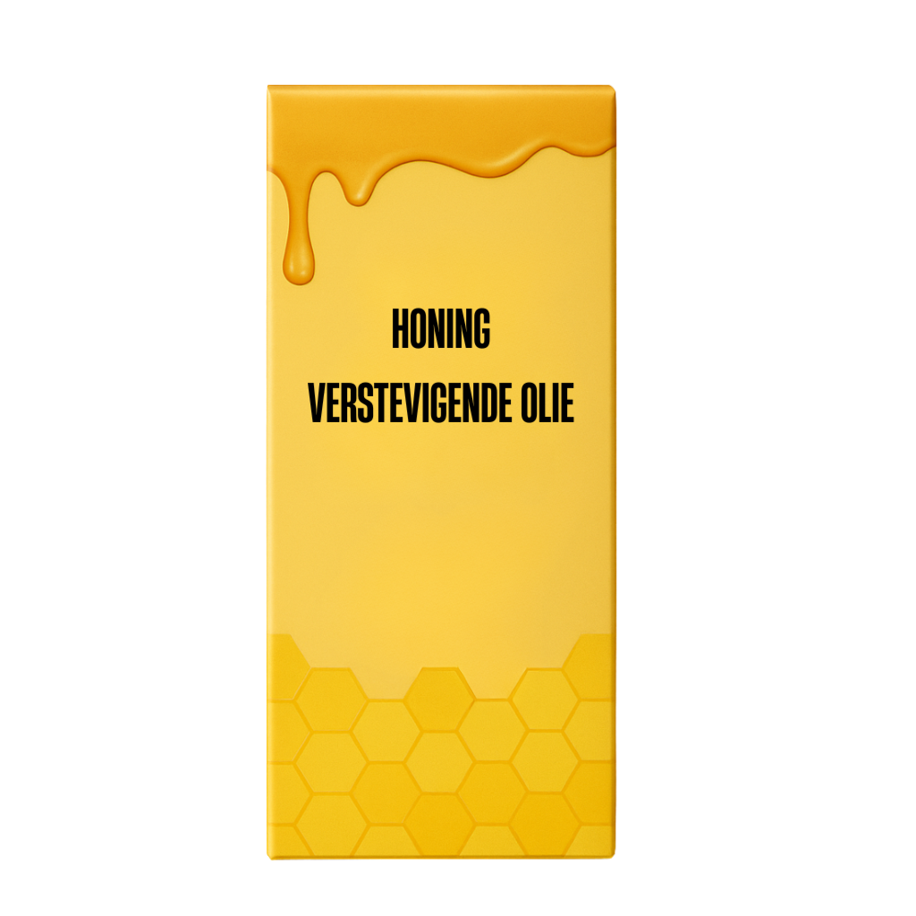 Verpakking van Honing Verstevigende Olie met een honingdruppel en bijenkorfpatroon op een gele achtergrond.