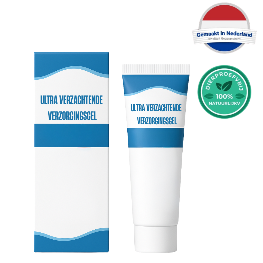 Ultra Verzachtende Verzorgingsgel in tube met bijbehorende verpakking, voor een stralende huidverzorging.