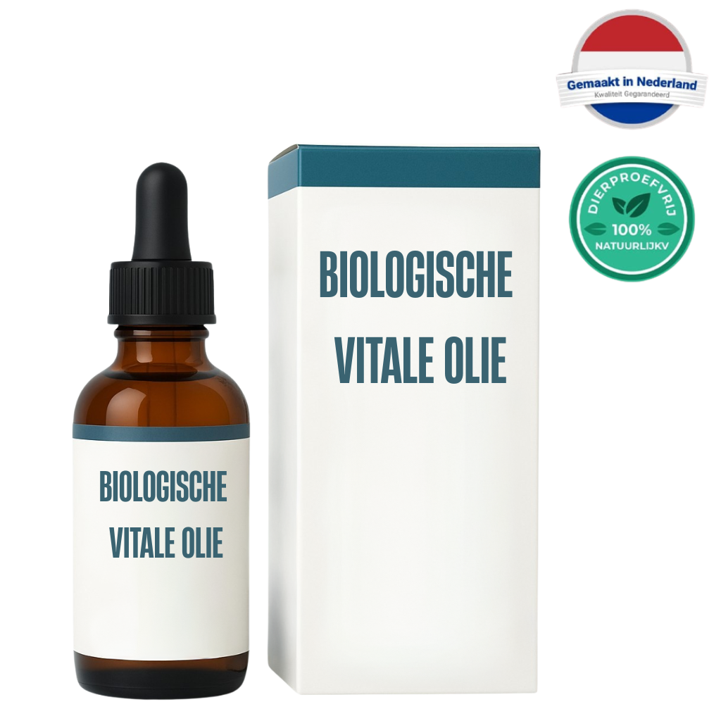 Biologische Vitale Olie in een glazen fles met pipet en verpakking, ondersteuning voor huidverzorging.