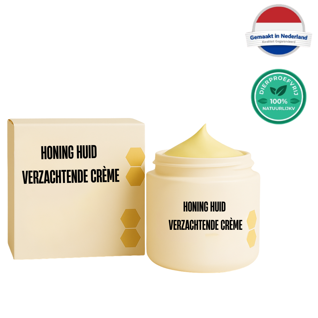 Honing Huid Verzachtende Crème in een pot met doosje, voor zachte en verfijnde huid.