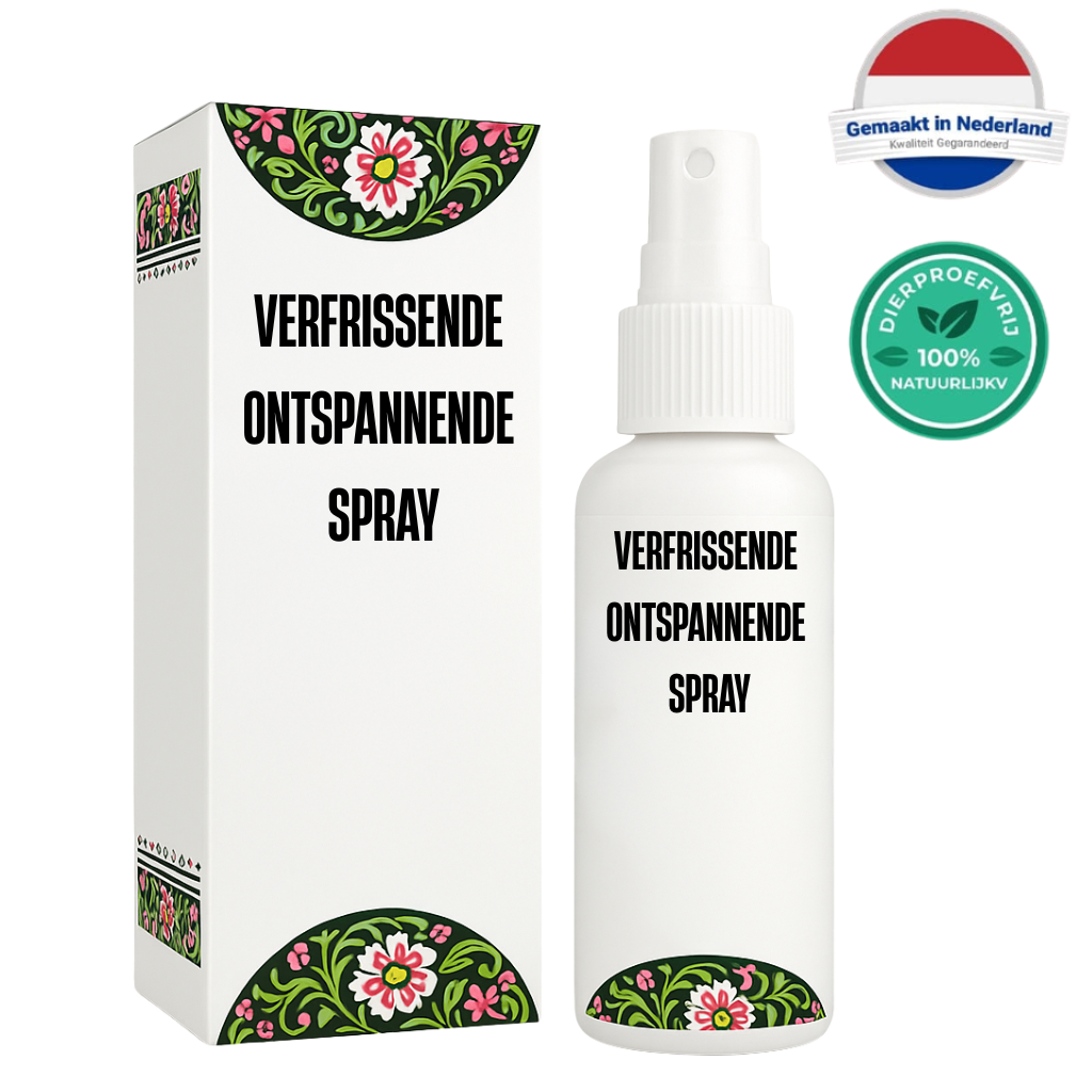 Verfrissende Ontspannende Spray in een witte flacon met kleurrijke verpakking, ideaal voor gevoelige huidverzorging.