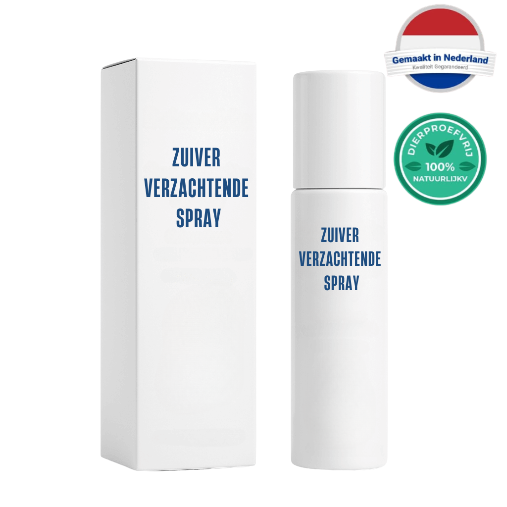 Zuiver Verzachtende Spray in witte verpakking met kwaliteitskeurmerken, voor een luxe huidverzorgingsroutine.