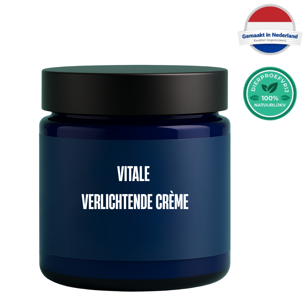 Vitale Verlichtende Crème in een glazen pot voor een verzorgde huid met subtiele finish.