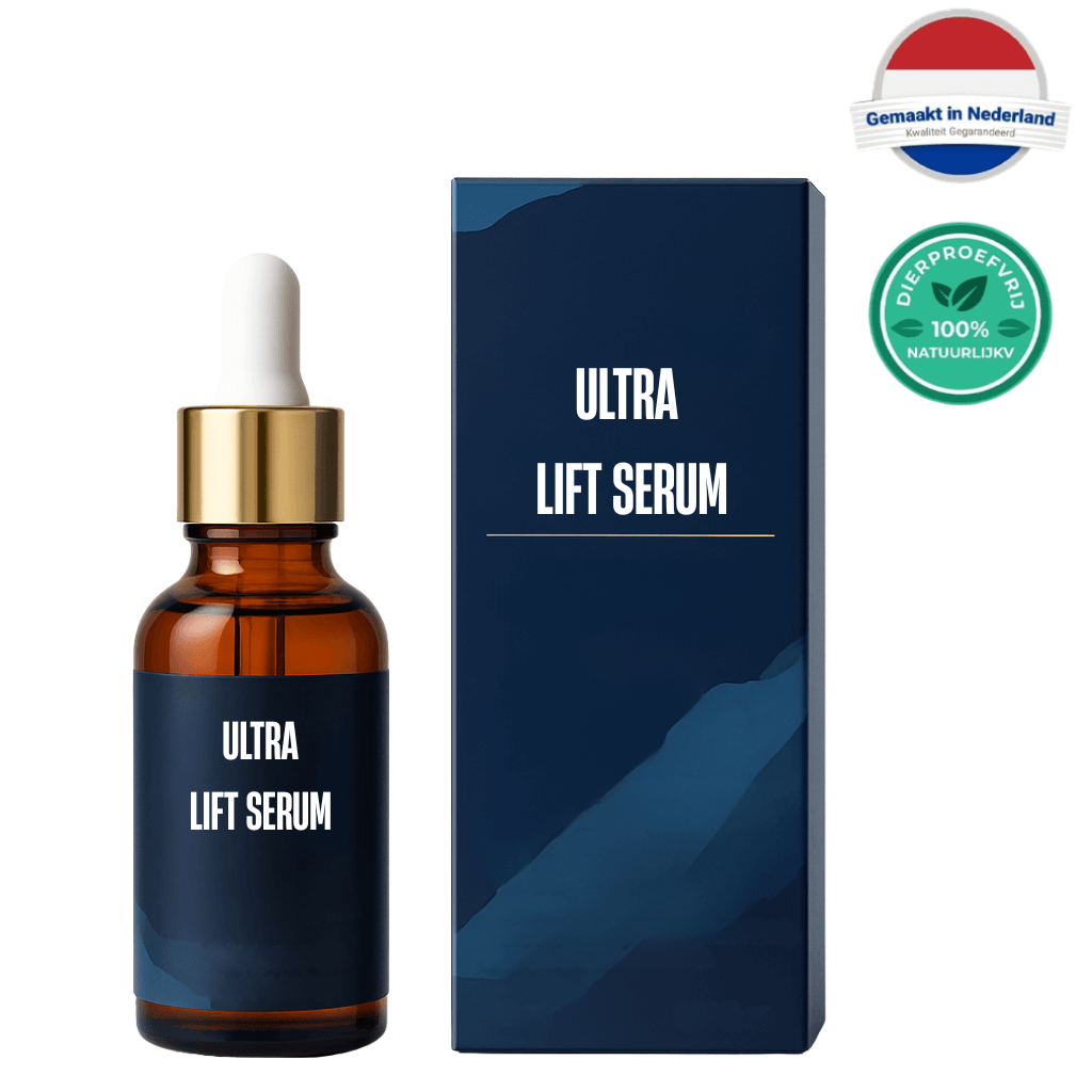 Ultra Lift Serum in een glazen fles met pipet en bijpassende verpakking voor huidverzorging.