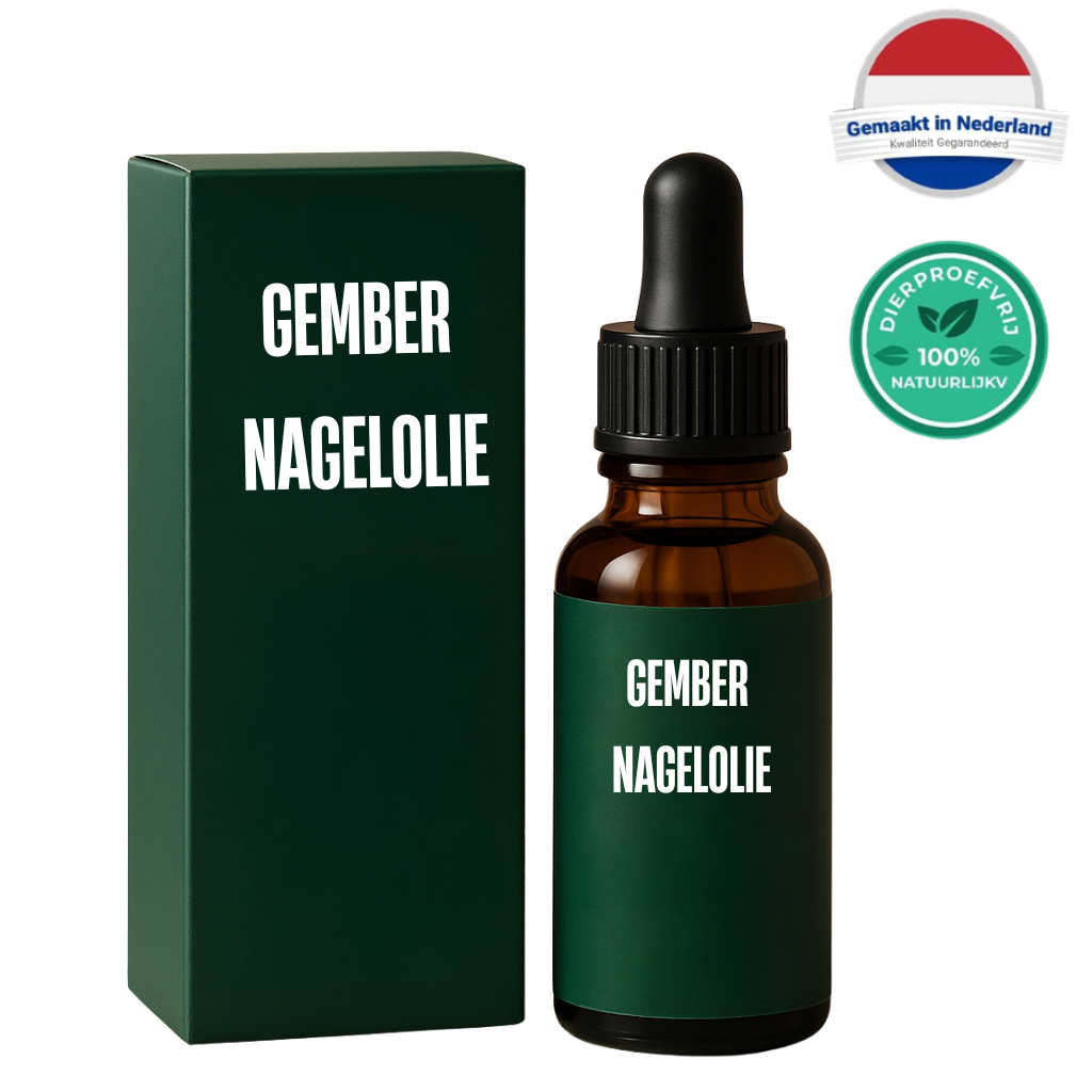 Gember Nagelolie fles met verpakking, ideaal voor nagelverzorging en schoonheid.