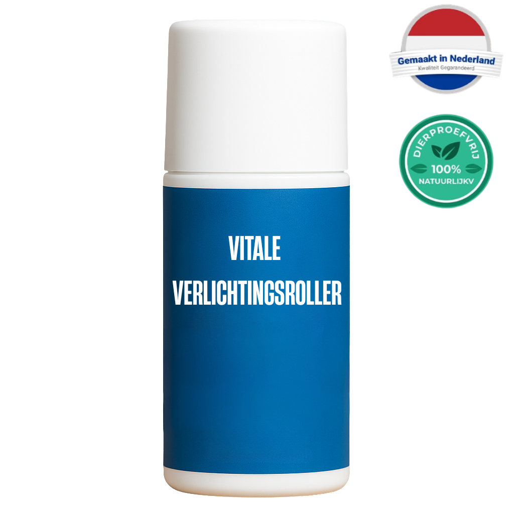 Vitale Verlichtingsroller verpakking met blauwe kleur en labels voor kwaliteit en natuurlijke ingrediënten.