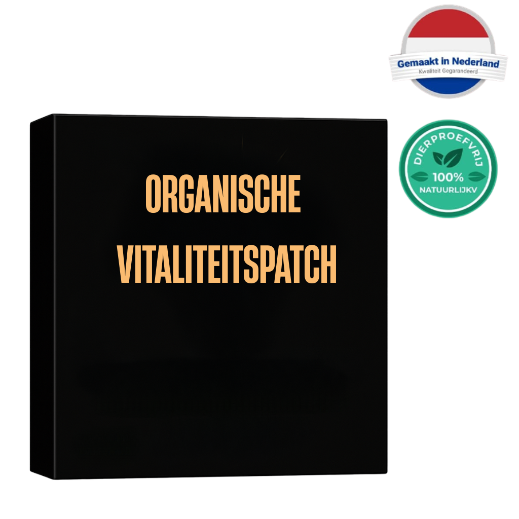 Organische Vitaliteitspatch verpakking met kwaliteitslabels en certificeringen in zwart design.