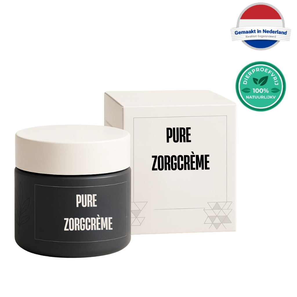 Pure Zorgcrème verpakking met zwarte pot en witte doos, perfect voor dagelijkse huidverzorging.