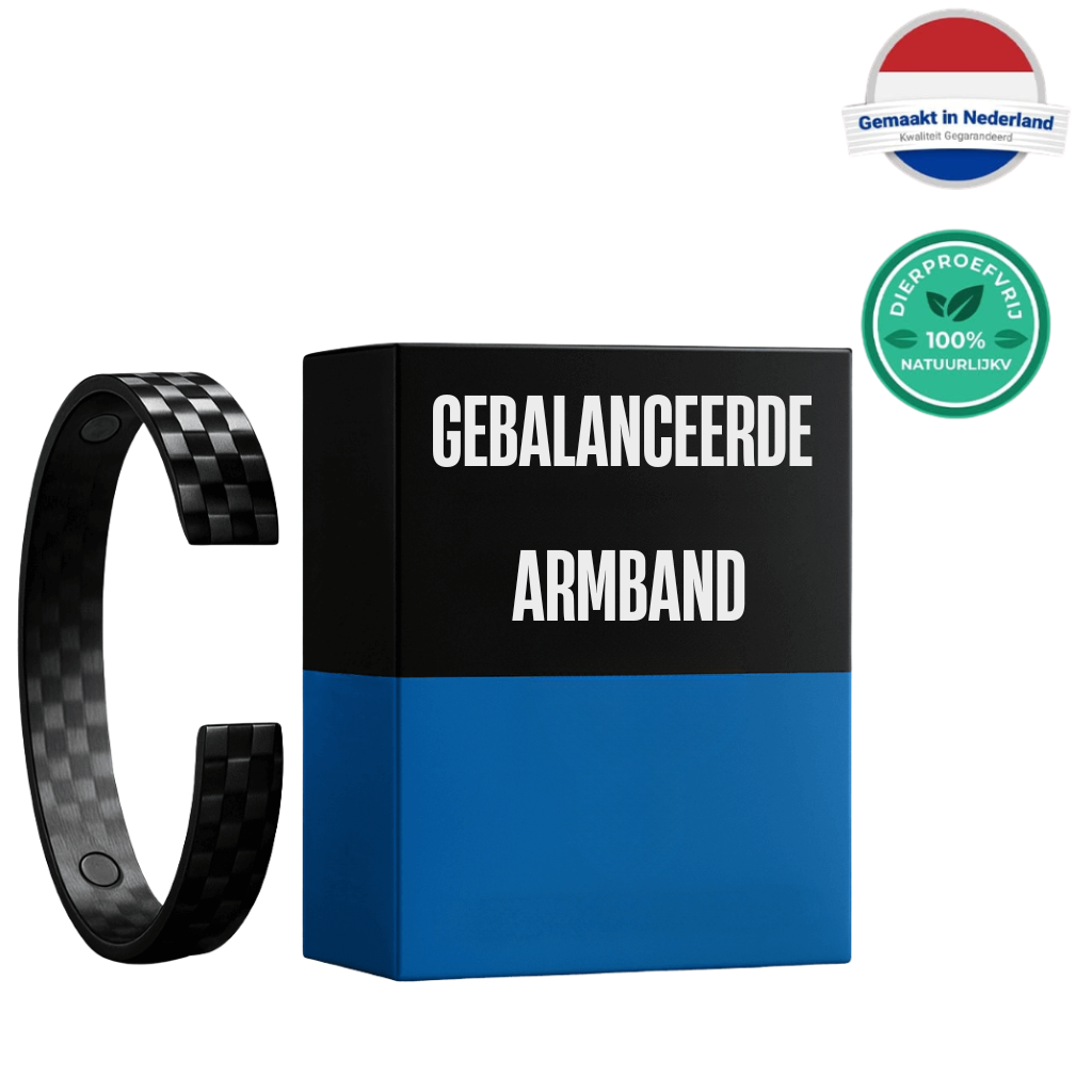 Gebalanceerde Armband in een verpakking met een elegante zwarte armband, ontworpen voor balans en schoonheid.