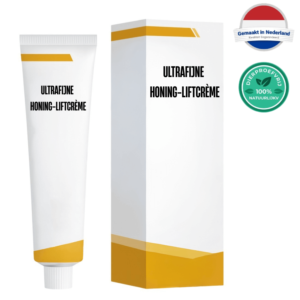 Ultrafijne honing-liftcrème verpakking en tube voor dagelijkse huidverzorging en verfijning.