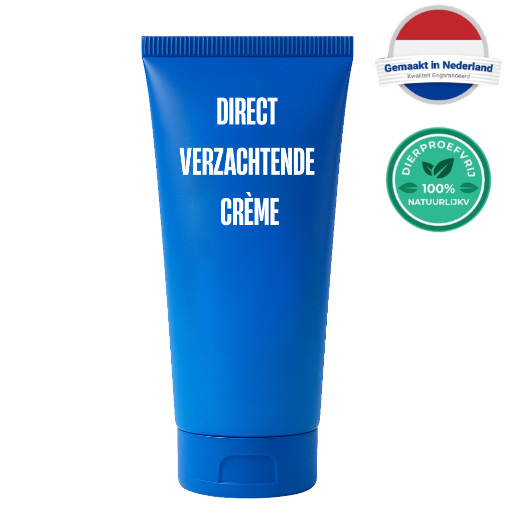 Direct Verzachtende Crème in blauwe tube met keurmerken voor kwaliteit en dierenproefvrij.