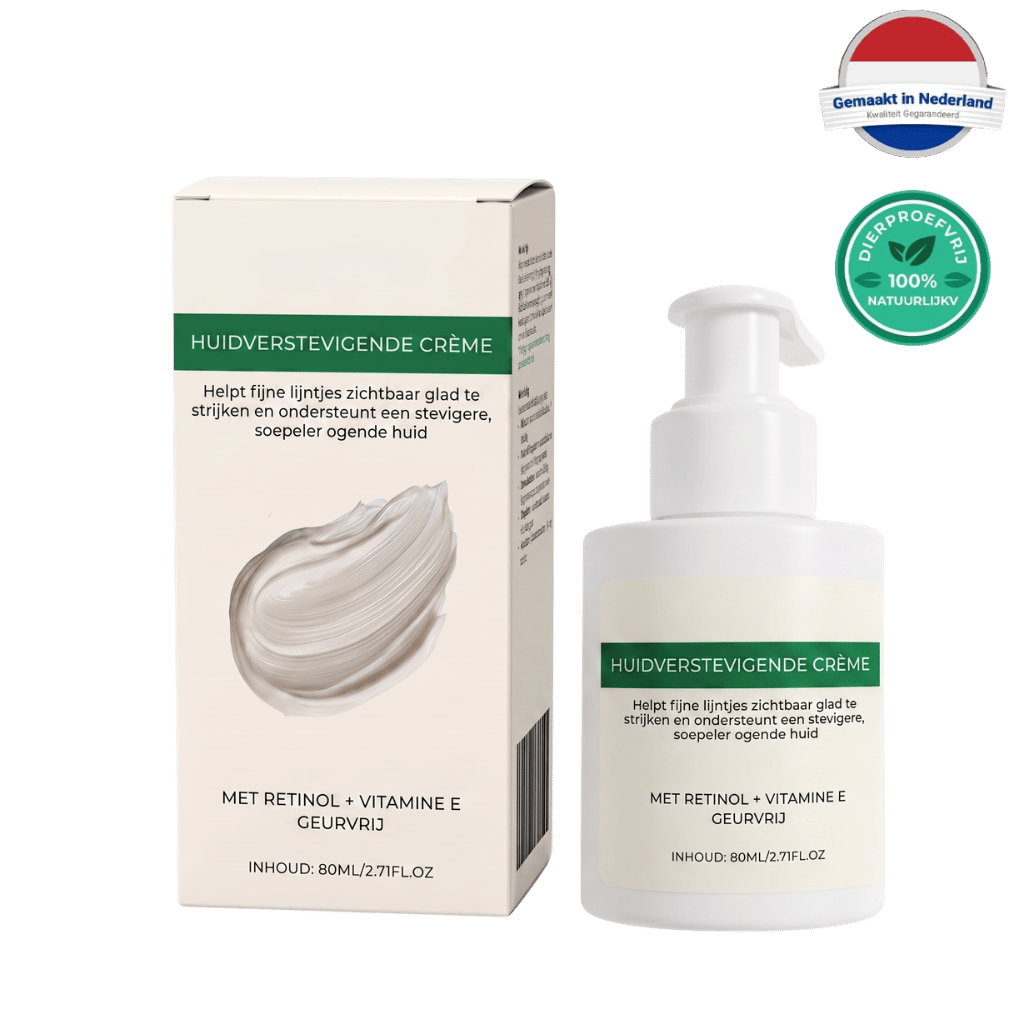 Huidverstevigende lotion en verpakking met retinol en vitamine E voor een steviger, soepeler ogende huid.