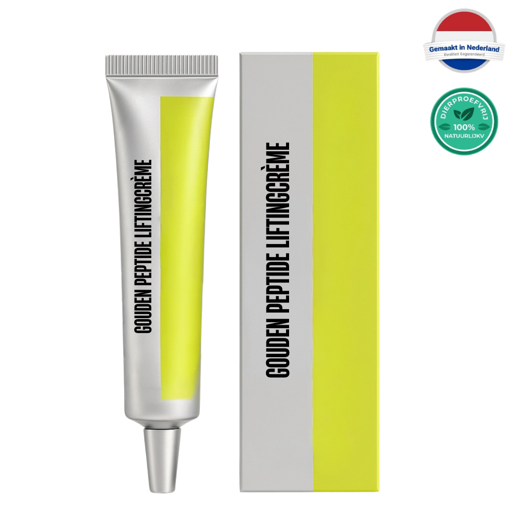 Gouden peptide liftingcrème in tube met gele en zilveren verpakking voor een gladde huid.