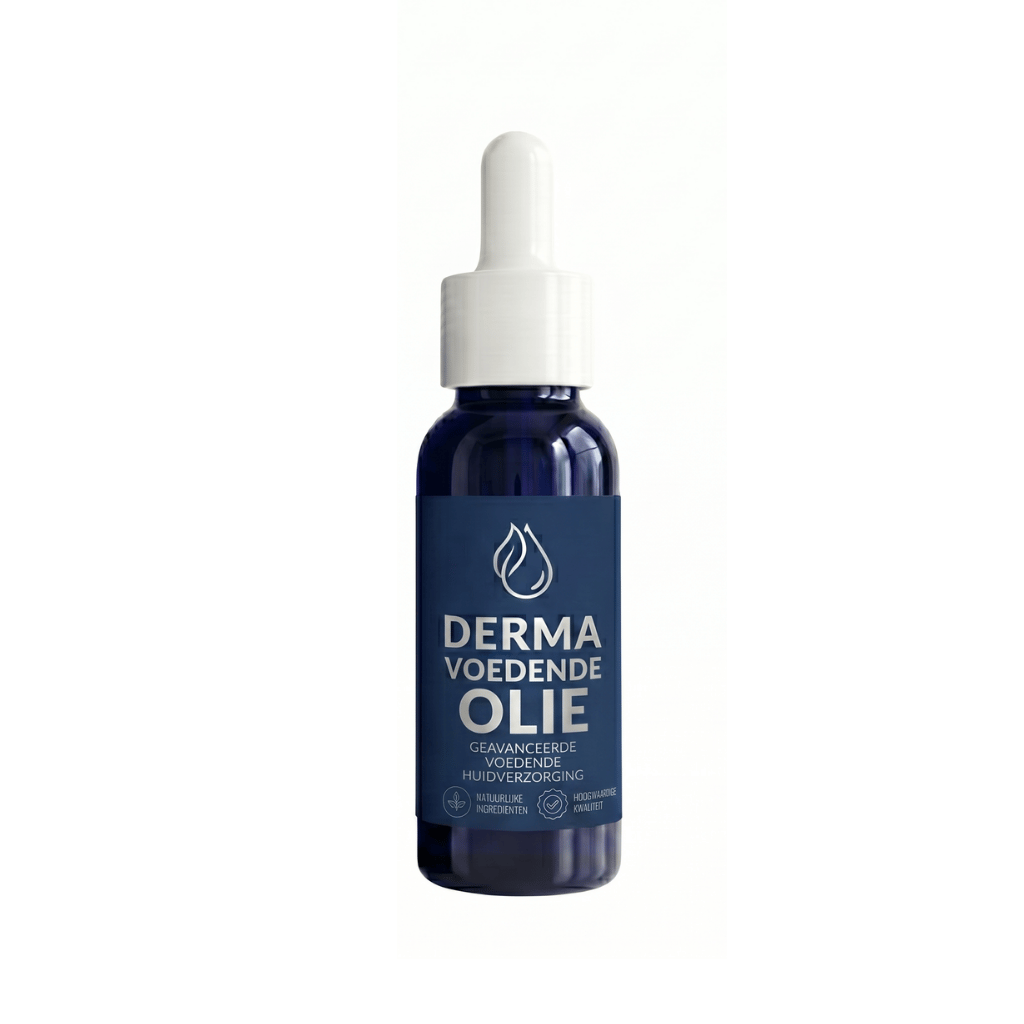 Derma Voedende Olie in een glazen flacon met pipet voor dagelijkse huidverzorging en hydratatie.