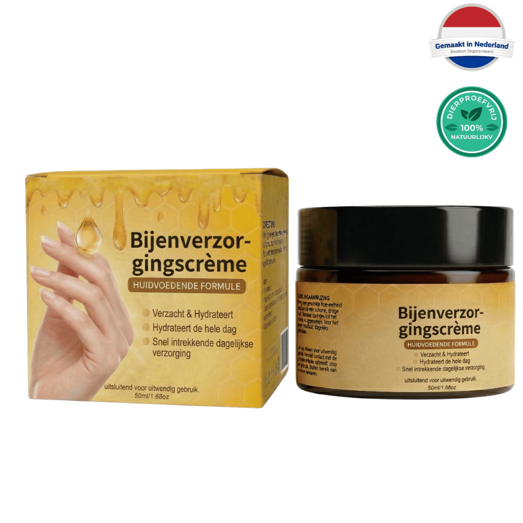 Bijenverzorgingscrème product met verfrissende huidverzorging, verpakt in een luxe pot en doos.