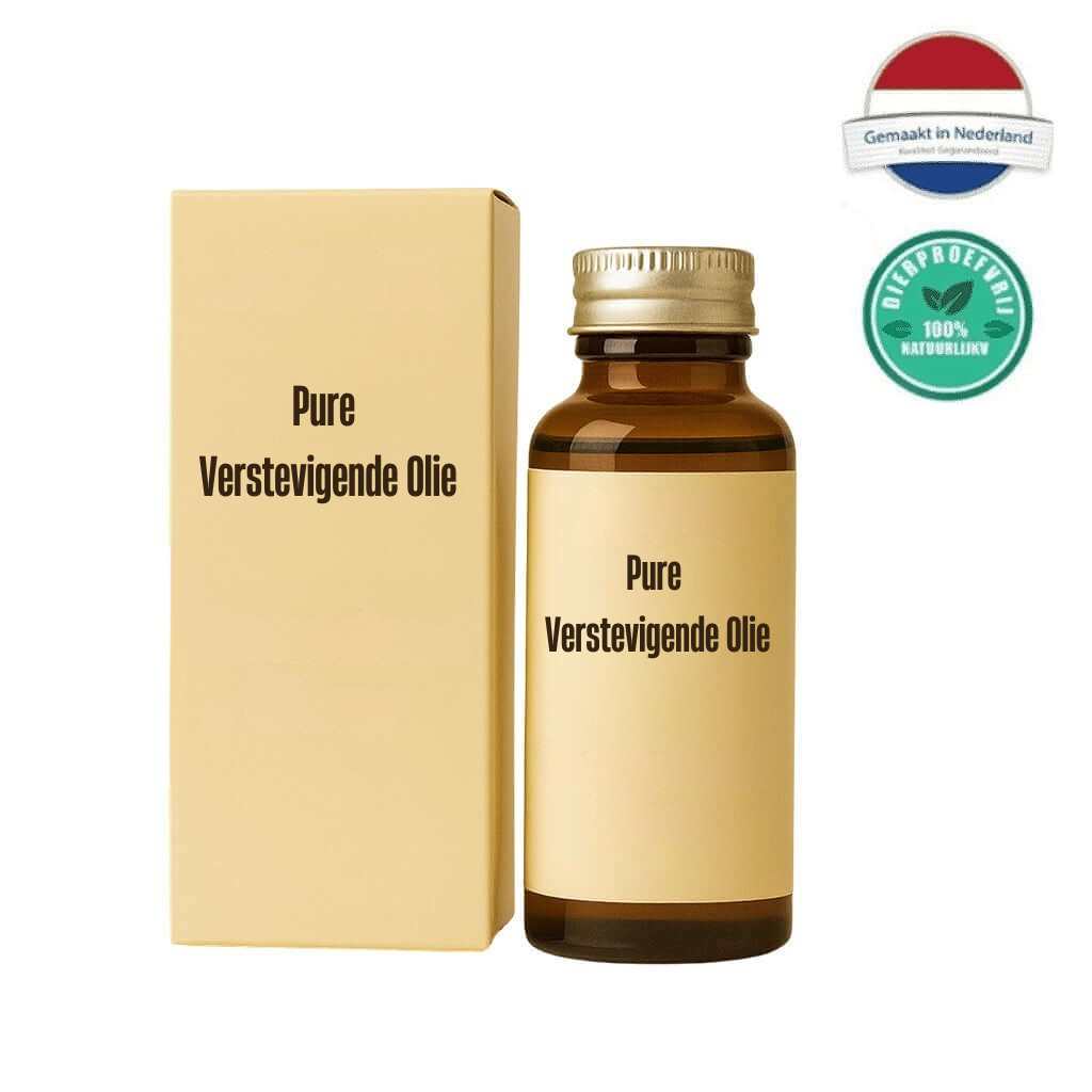Product afbeelding van Pure Verstevigende Olie in een glazen fles met doos, ideaal voor dagelijkse huidverzorging.