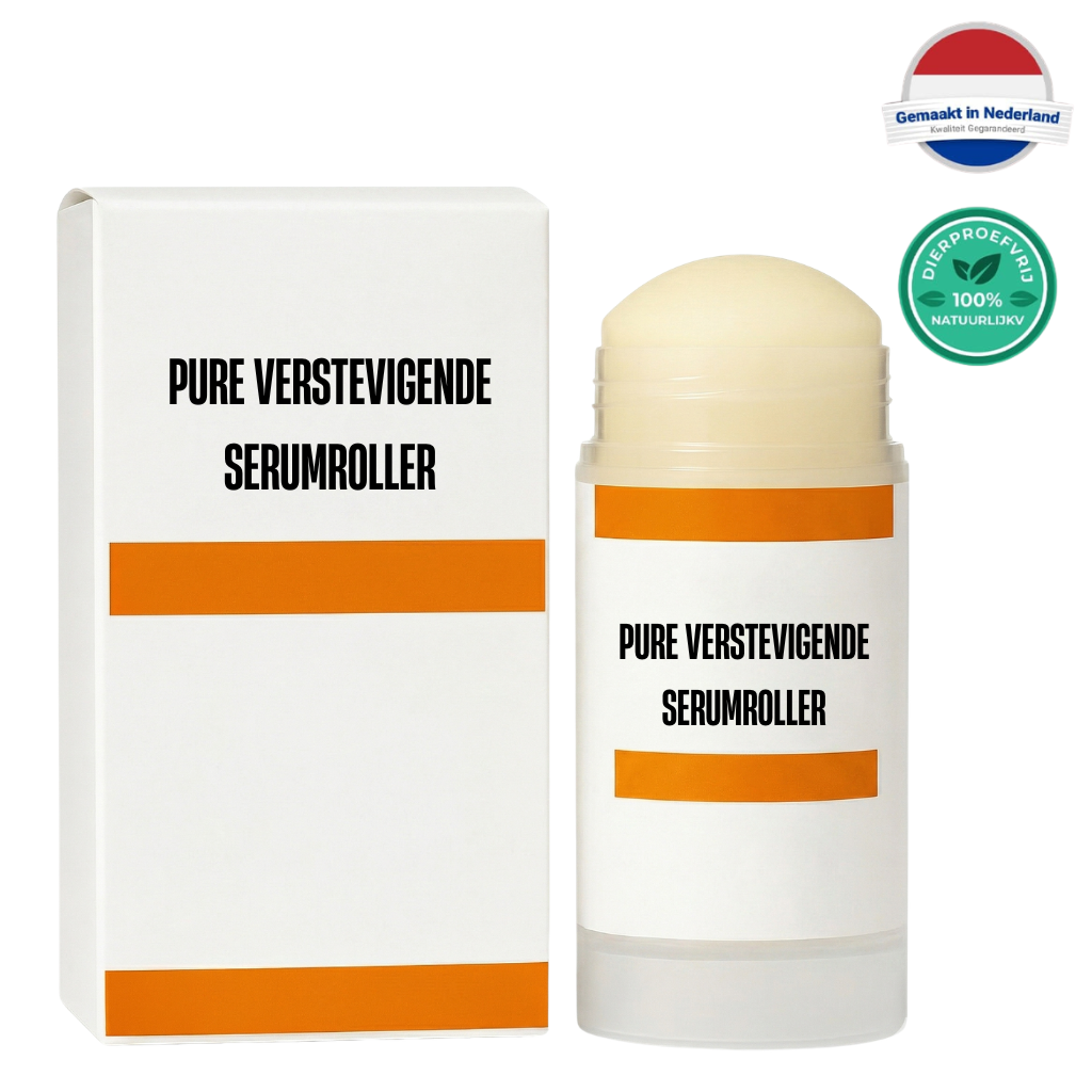 Pure verstevigende serumroller verpakking met roller applicator voor huidverzorging.