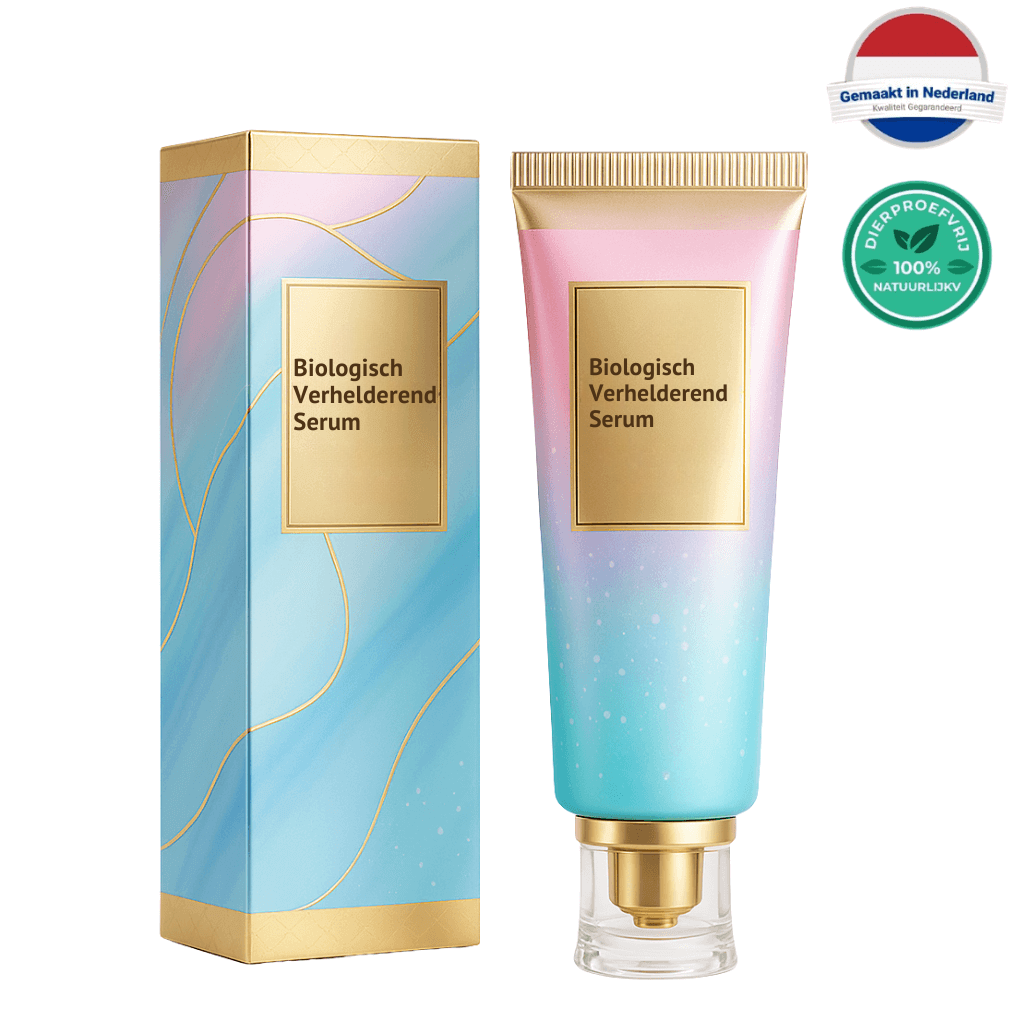 Biologisch Verhelderend Serum verpakking en tube met een kleurrijk ontwerp en gebruiksaanwijzingen.