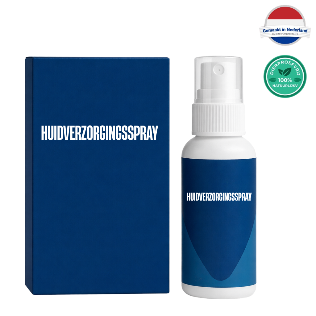 Huidverzorgingsspray fles en doos, ontworpen voor dagelijkse huidverzorging en een frisse uitstraling.