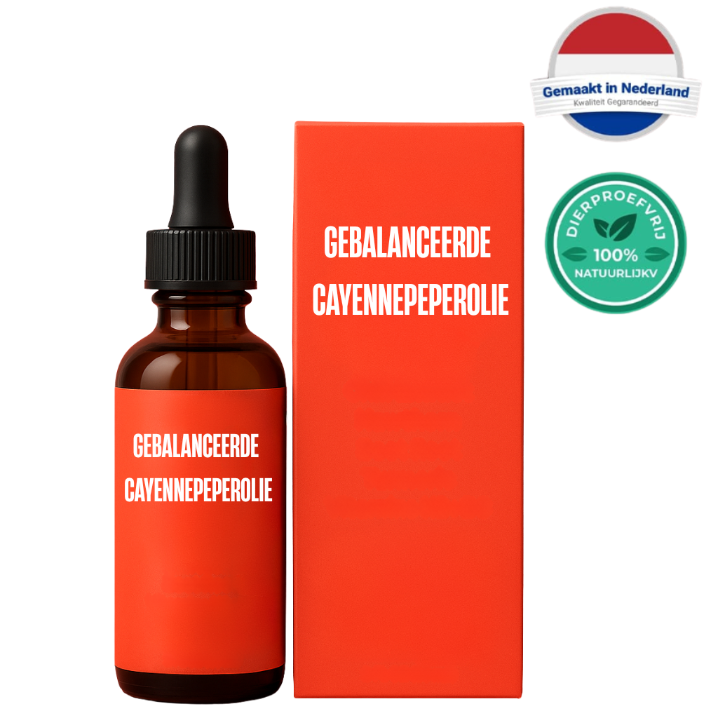 Gebalanceerde Cayennepeperolie in een stijlvolle fles met een oranje doos voor huidverzorging.