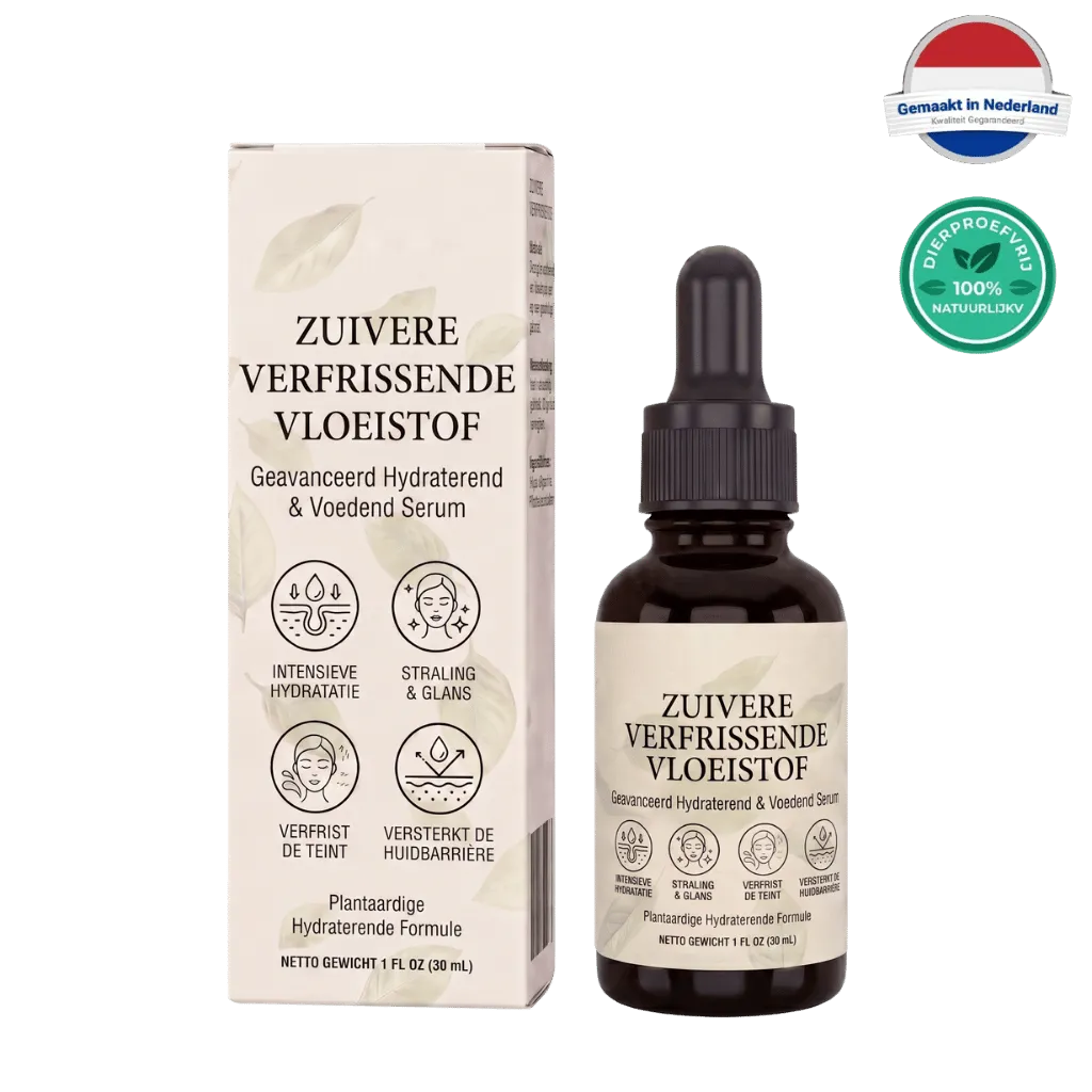 Zuivere Verfrissende Vloeistof met een pipet en verpakking voor hydratatie en huidverzorging.