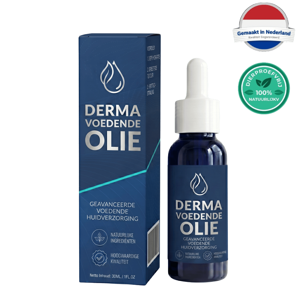 Derma Voedende Olie in een blauwe fles met pipet en doos, voor dagelijkse huidverzorging met natuurlijke ingrediënten.
