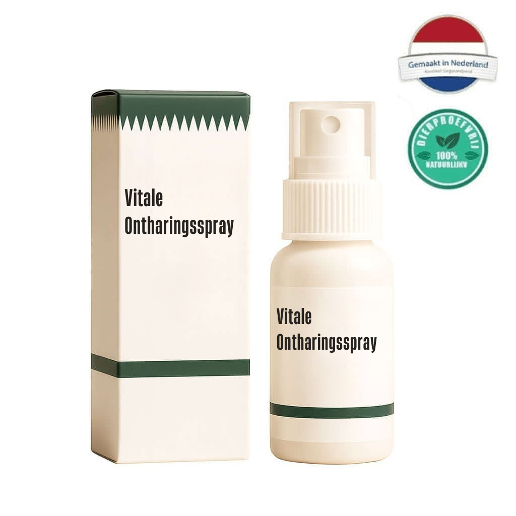 Vitale Ontharingsspray verpakking en sprayfles voor een gladde, verzorgde huid.