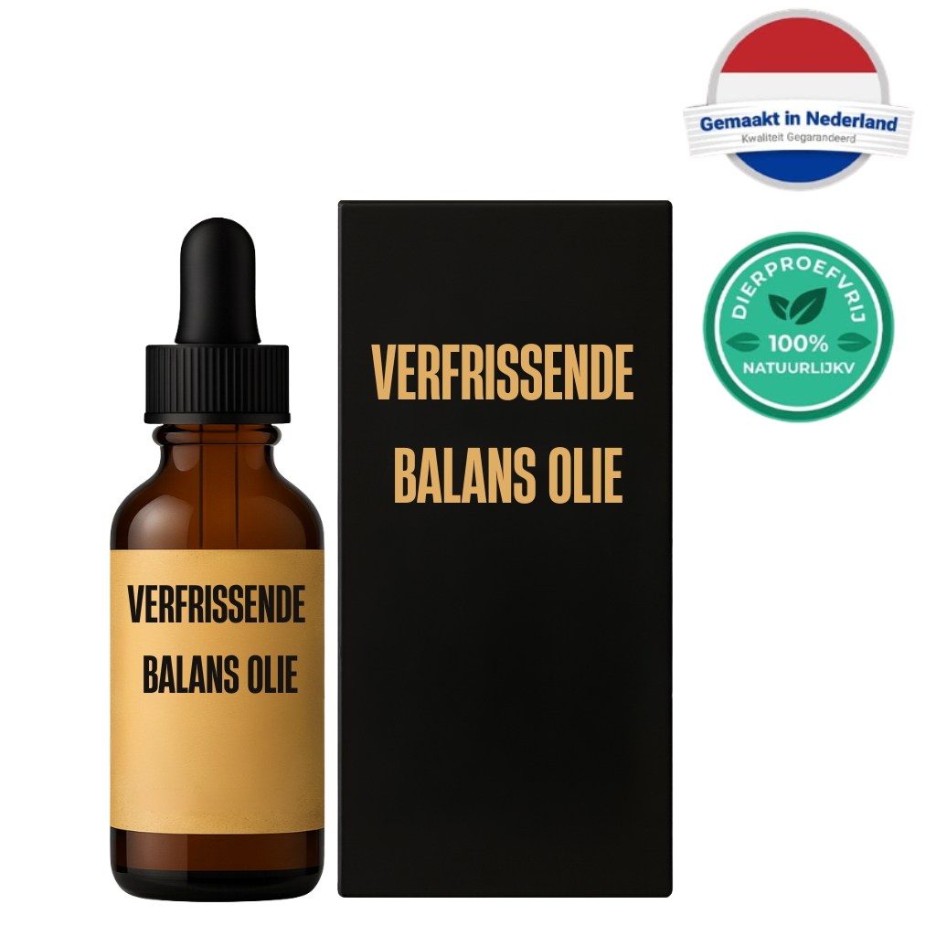 Verfrissende Balans Olie in een glazen fles met pipet, zorgvuldig verpakt in een zwarte doos.