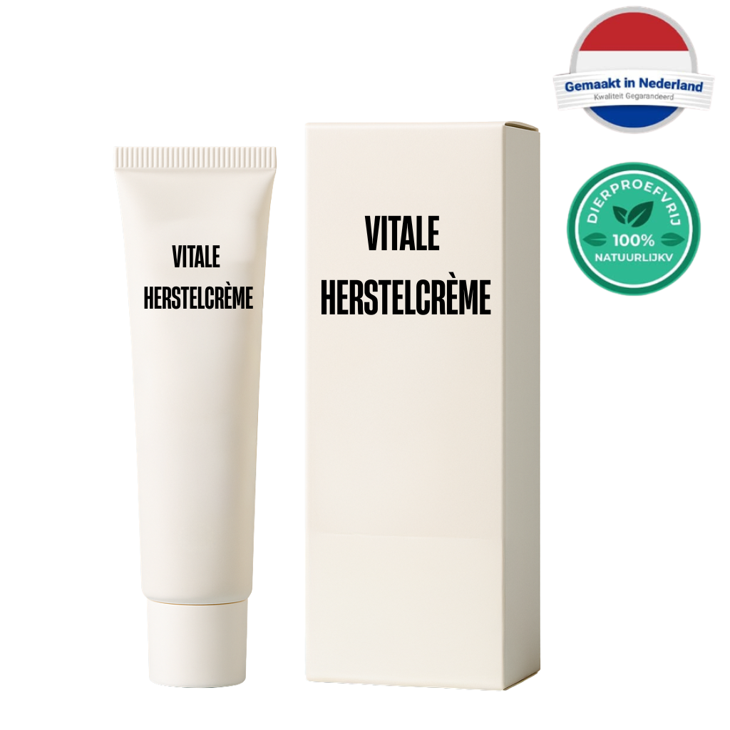 Deluxe Vitale Herstelcrème verpakking en tube voor een fluweelachtige huidtextuur.