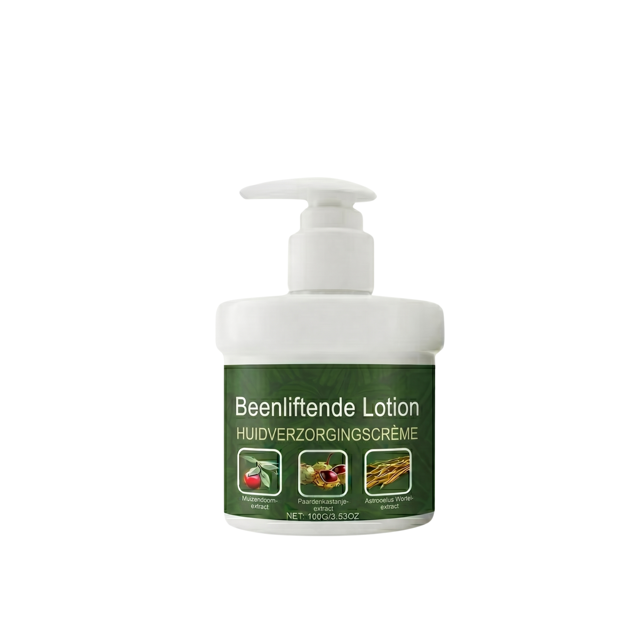 Beenliftende Lotion huidverzorgingscrème in een pompflacon voor een gladder en steviger huiduiterlijk.