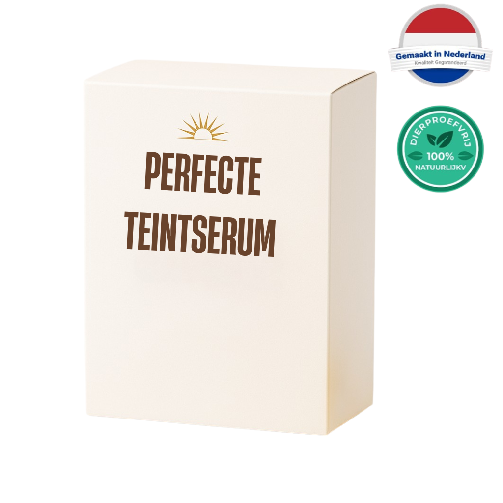 Verpakking van Perfecte Teintserum, luxe olie voor een stralende, zongekuste huid.