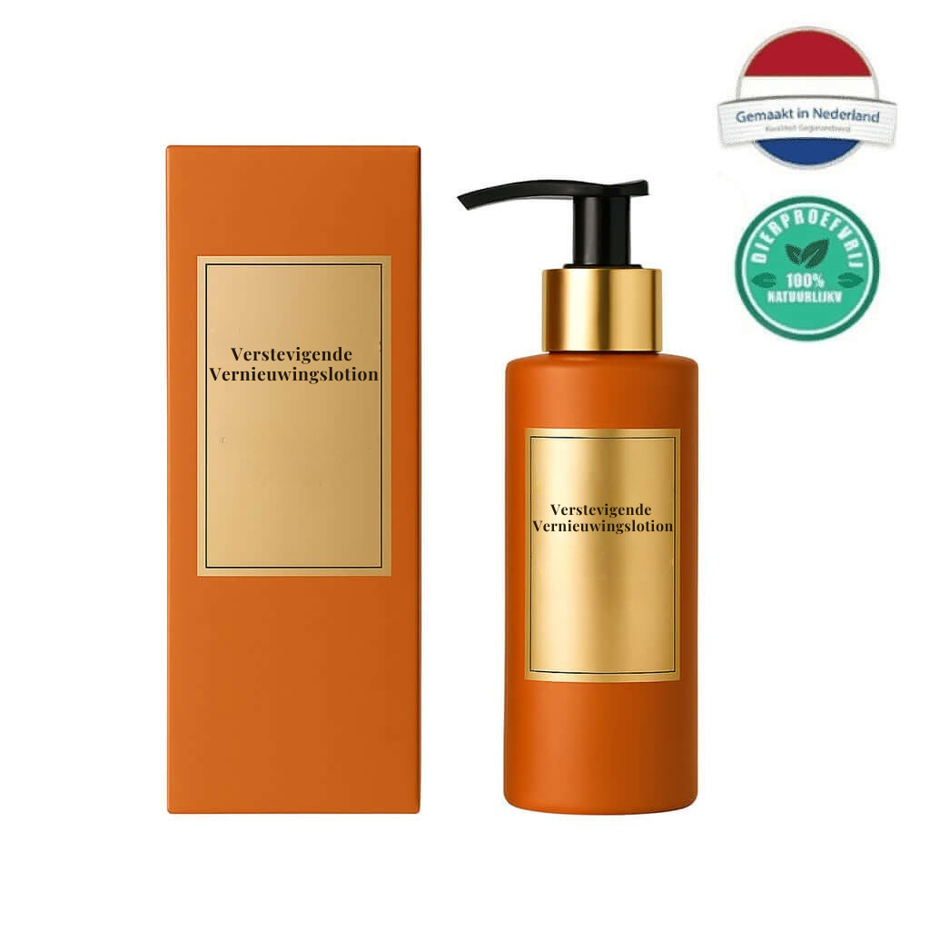 Verstevigende Vernieuwingslotion in een stijlvolle oranje verpakking met pompdispenser.