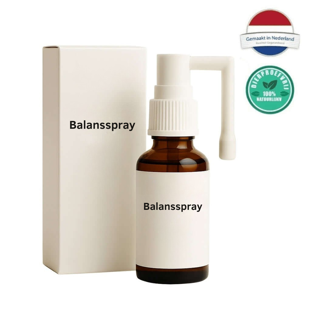 Fles met Balansspray in een omgeving met een lichte achtergrond en een verpakking.