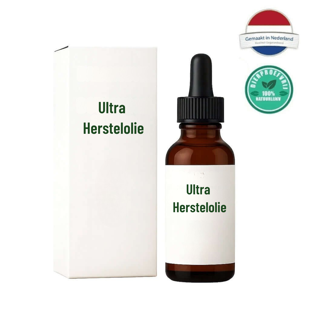 Ultra Herstelolie flacon met verpakking voor huidverzorging, gemaakt in Nederland.