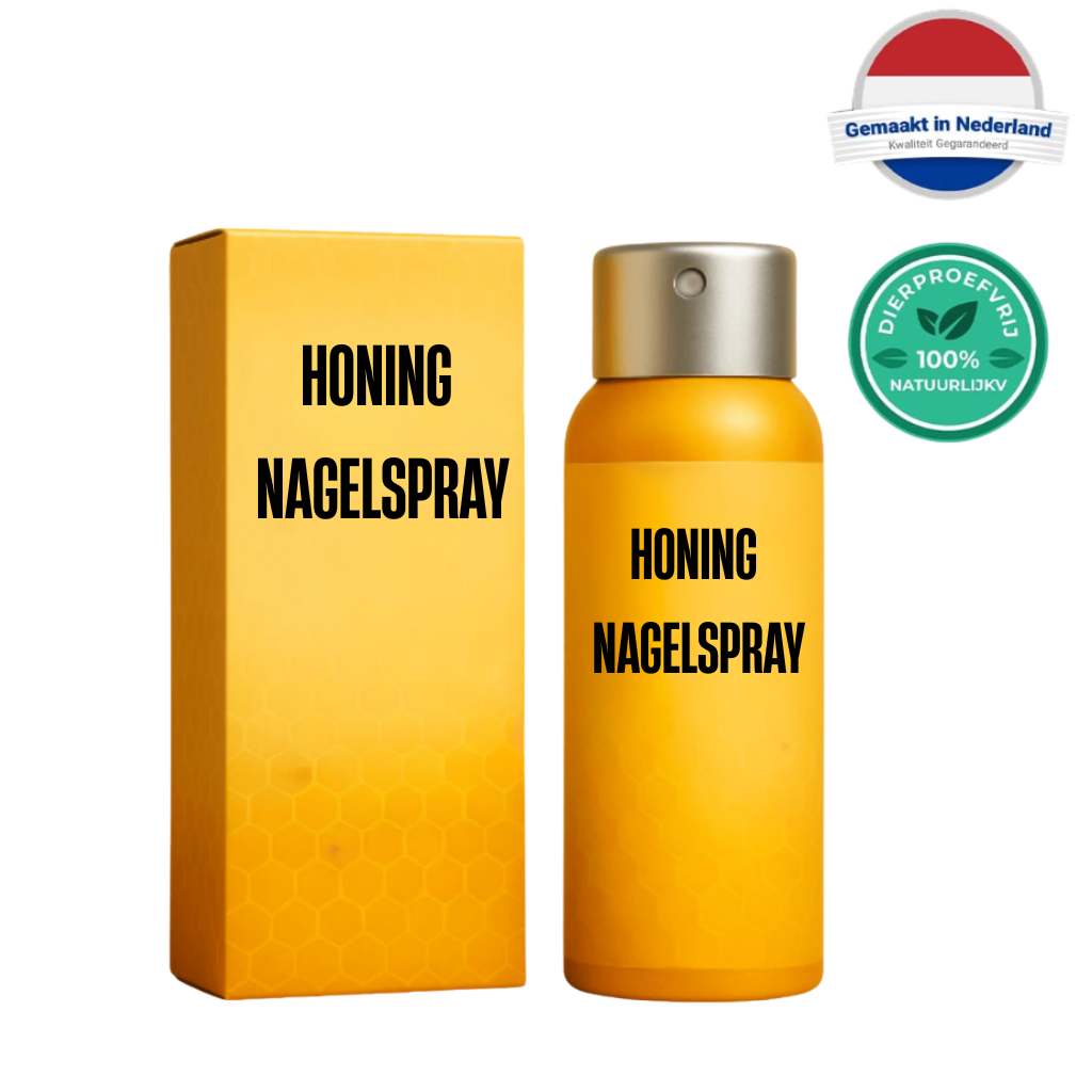 Honing Nagelspray product image with yellow packaging and bottle, emphasizing natural hand beauty.