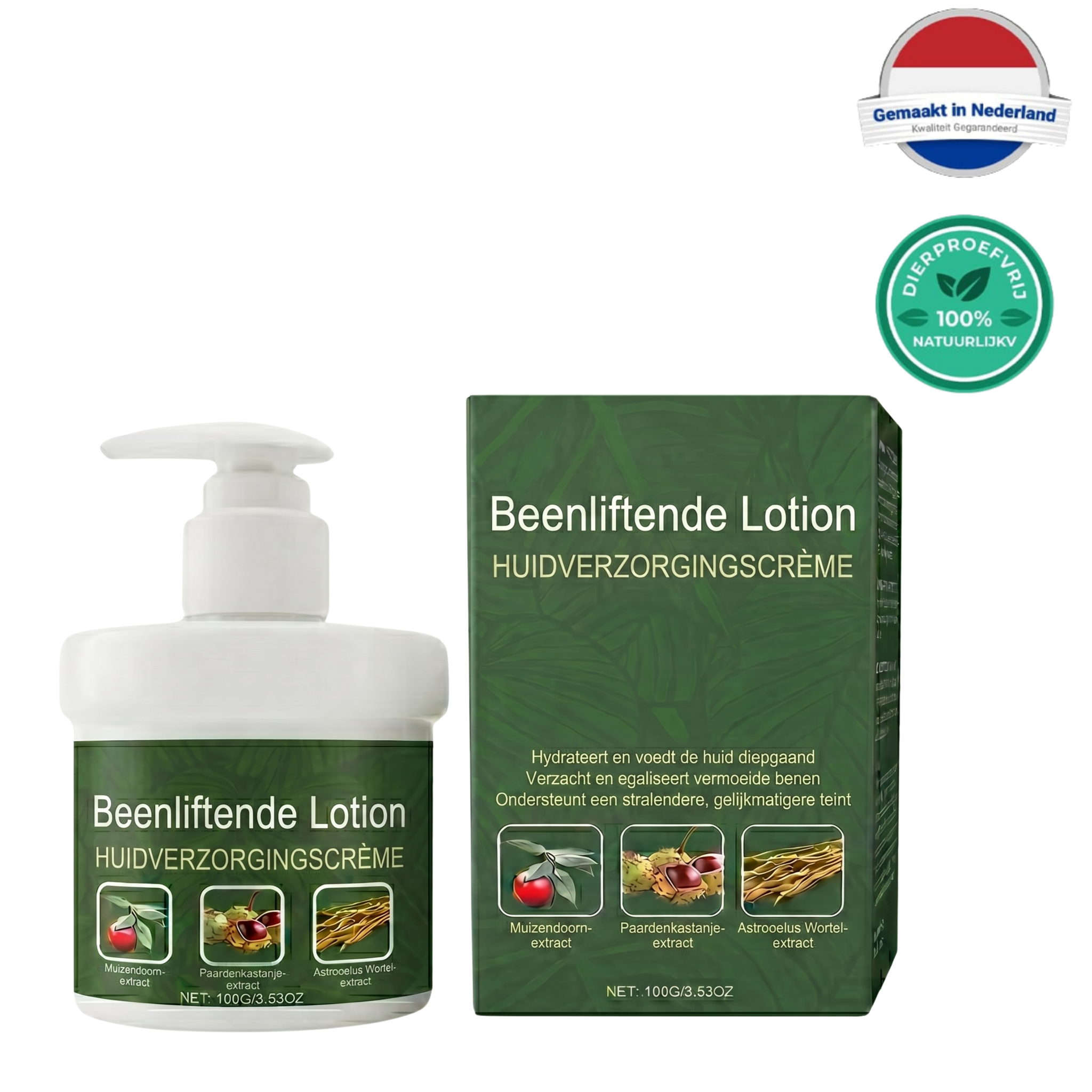 Beenliftende Lotion in flacon, huidverzorgingscrème voor een gladder en gelifter uiterlijk.