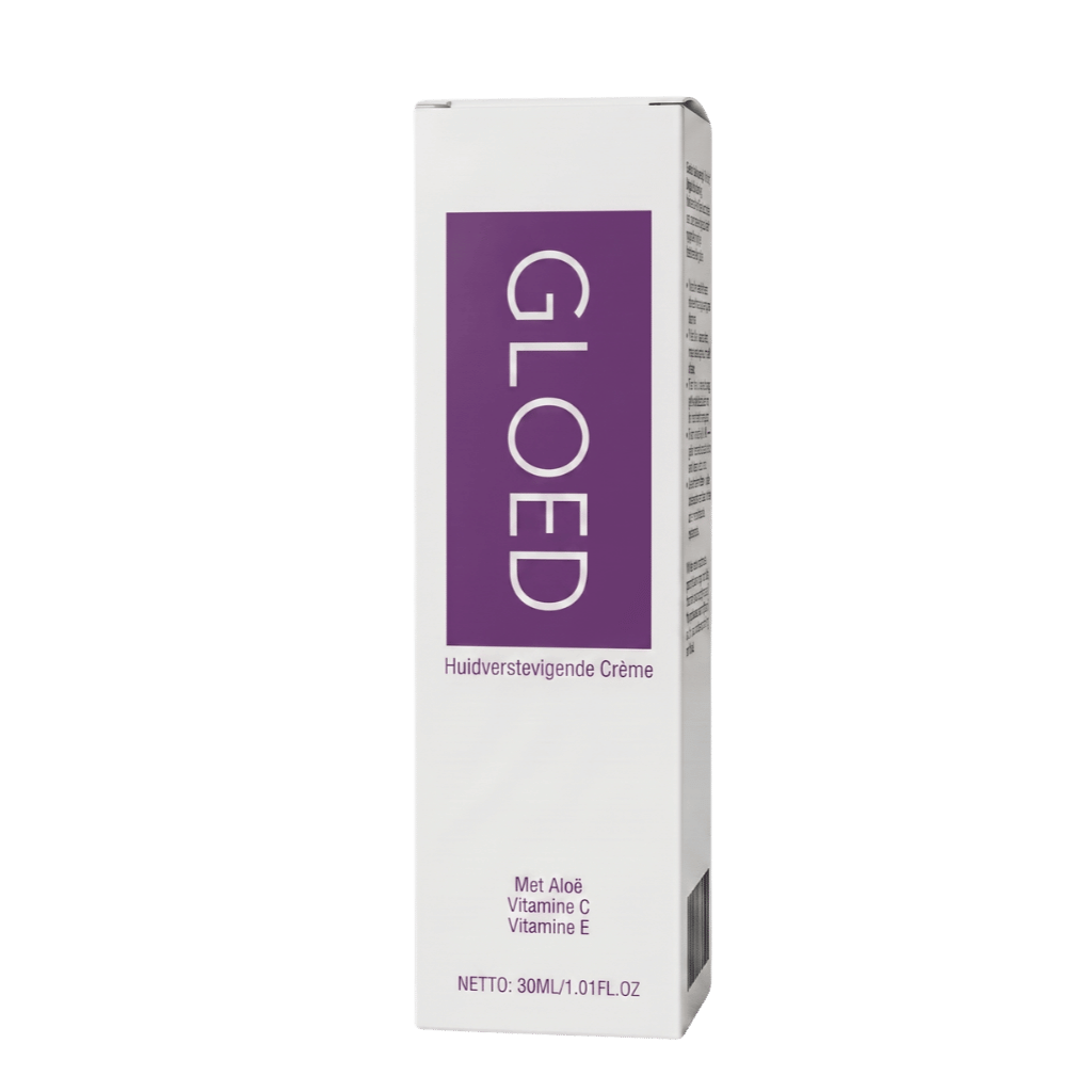 Gloed huidverstevigende crème verpakking met Aloë, vitamine C en E voor verbetering van de huidtextuur.