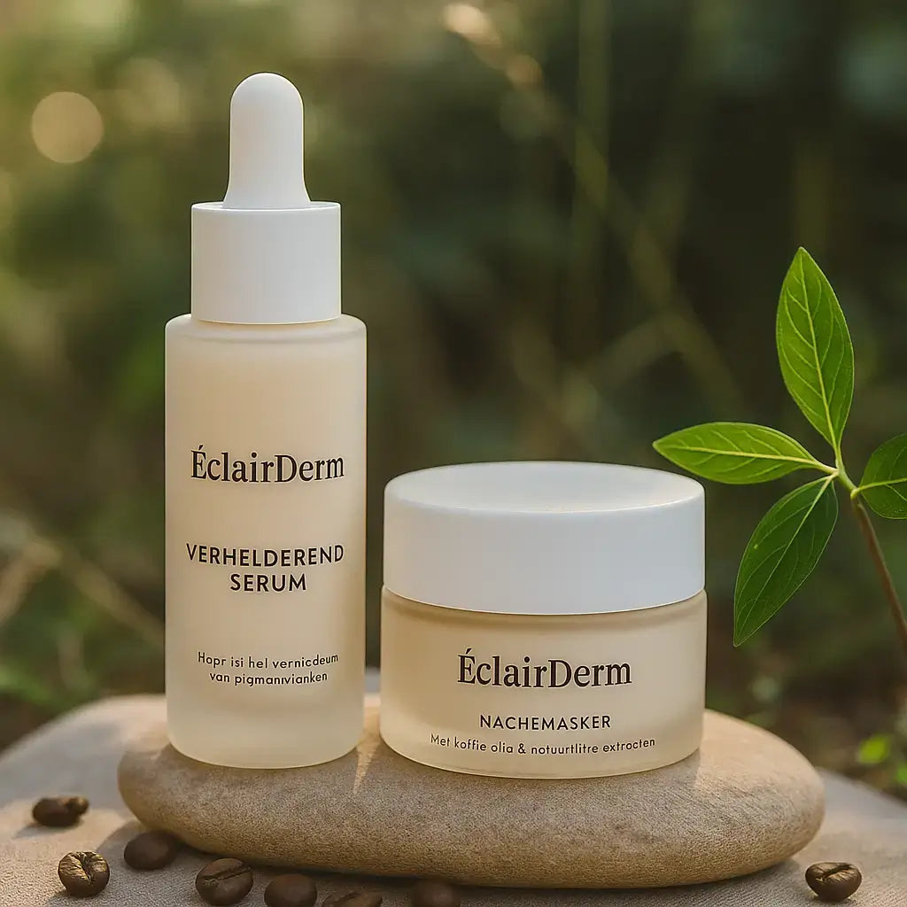 Jovyx Verzachtend elixer, ÉclairDerm Verhelderend Serum en Nachtmasker op een stenen ondergrond met koffiebonen.