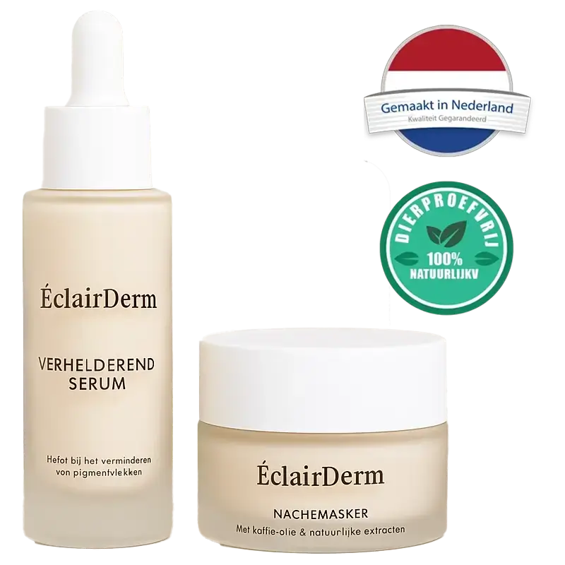 Jovyx Verzachtend elixer, ÉclairDerm verhelderend serum en nachtmasker voor huidverbetering.
