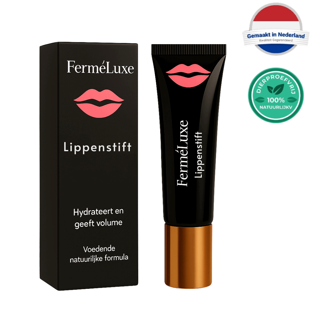 Jovyx Lippenstift in FerméLuxe verpakking, hydraterend en volumizing, natuurlijk lipverzorgingsproduct.
