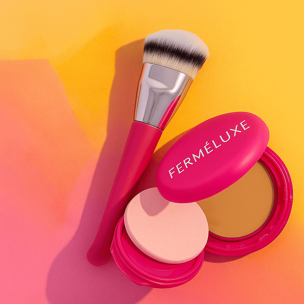 FerméLuxe Peptide Bounce Foundation met Kwast en make-up tools op een kleurrijke achtergrond.