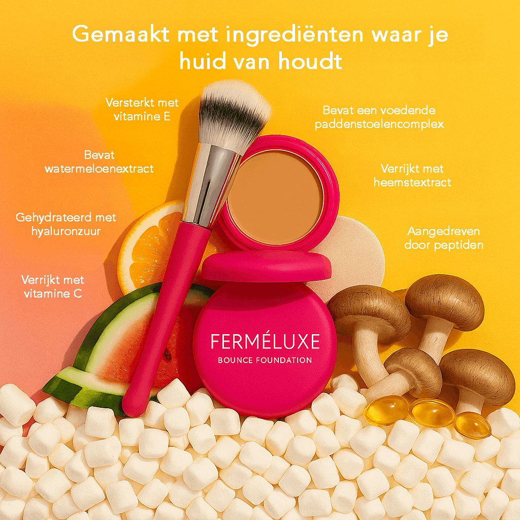 FerméLuxe Peptide Bounce Foundation met Kwast, versterkt met hydraterende ingrediënten voor een stralende huid.