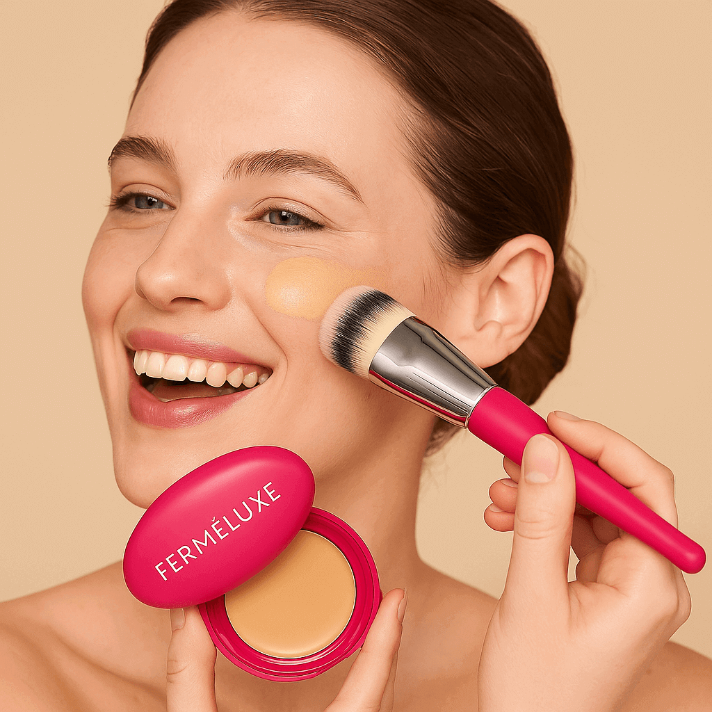 FerméLuxe Peptide Bounce Foundation met Kwast, een vrouw brengt foundation aan met een borstel.