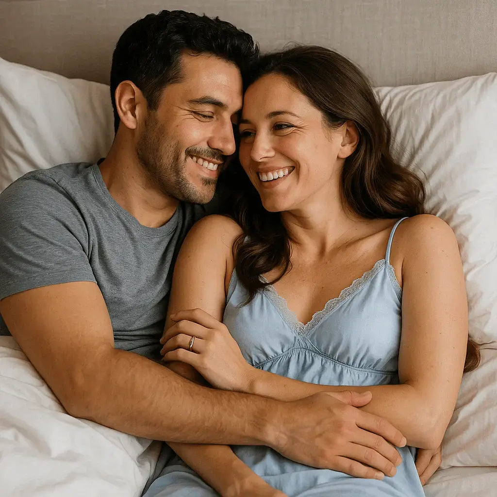 A couple enjoying a loving moment together in bed, smiling and embracing each other.