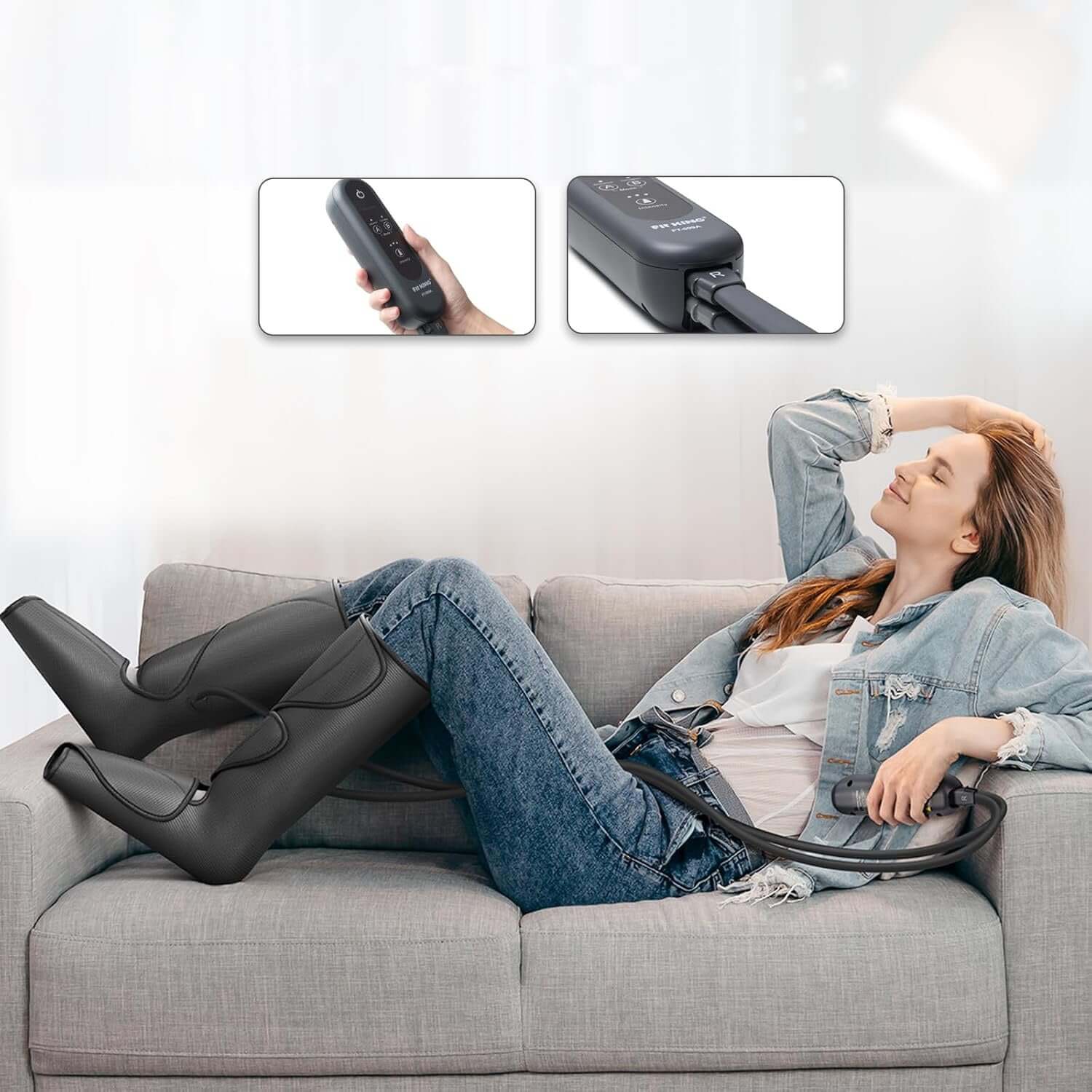 Jovyx AirRelief™ – Compressie Massagebanden voor Benen & Bloedcirculatie in gebruik op een bank.